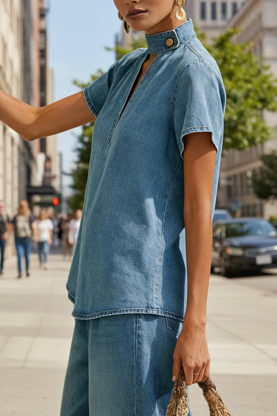 Solid-color Short-sleeve Casual Loose-fit Faux Denim Two-piece Set 
