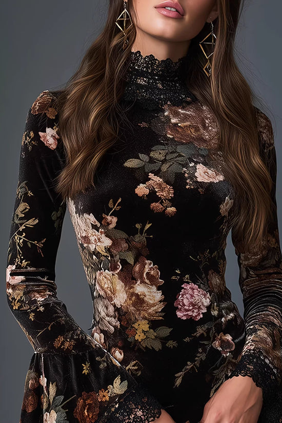 Vintage fashionable floral print lace spliced flared sleeve fitted short dress 