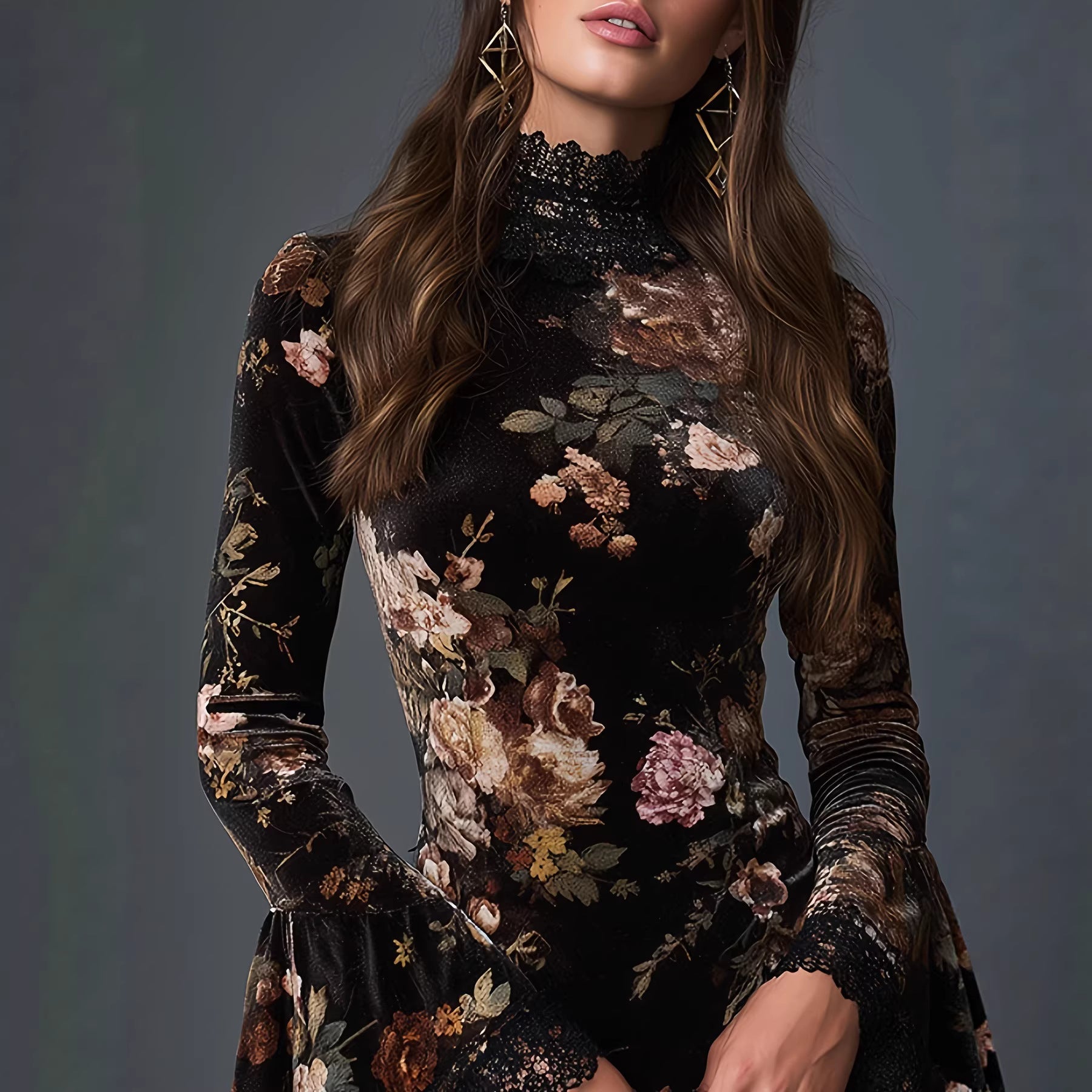 Vintage fashionable floral print lace spliced flared sleeve fitted short dress 