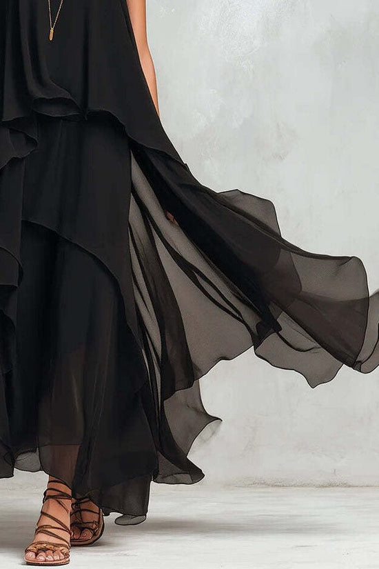 Black Sleeveless Asymmetrical Chiffon Maxi Elegant Flowing Womens Dress 