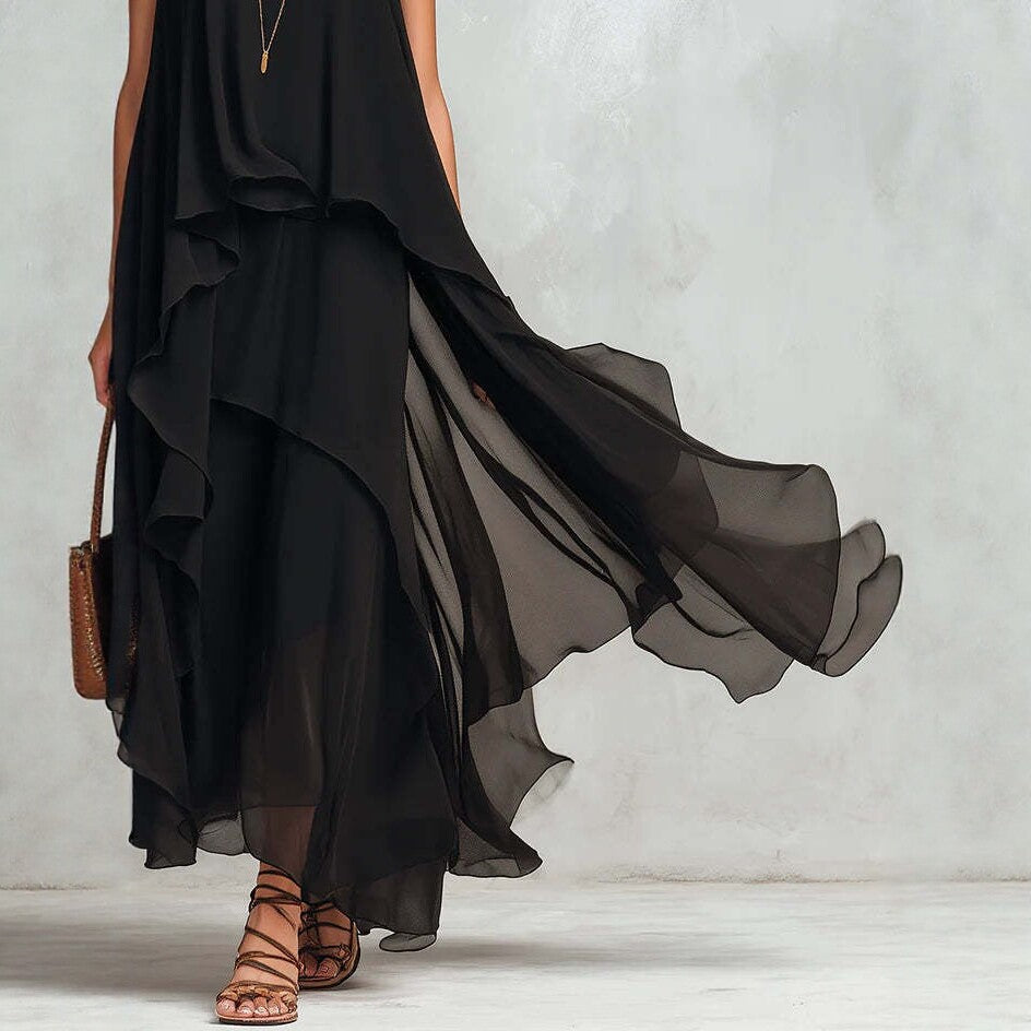 Black Sleeveless Asymmetrical Chiffon Maxi Elegant Flowing Womens Dress 