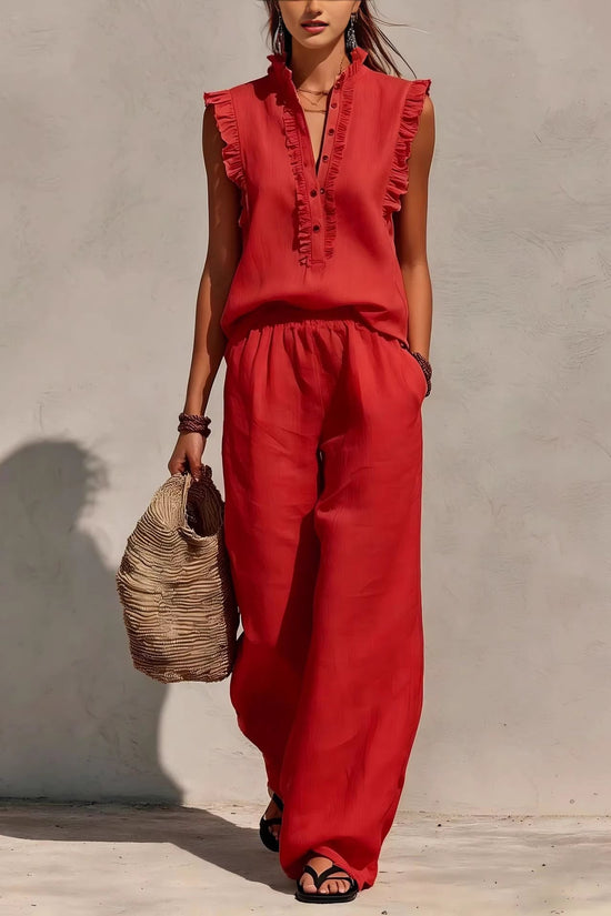 Sleeveless Ruffled V-neck Top And Elastic-waist Wide-leg Pants 