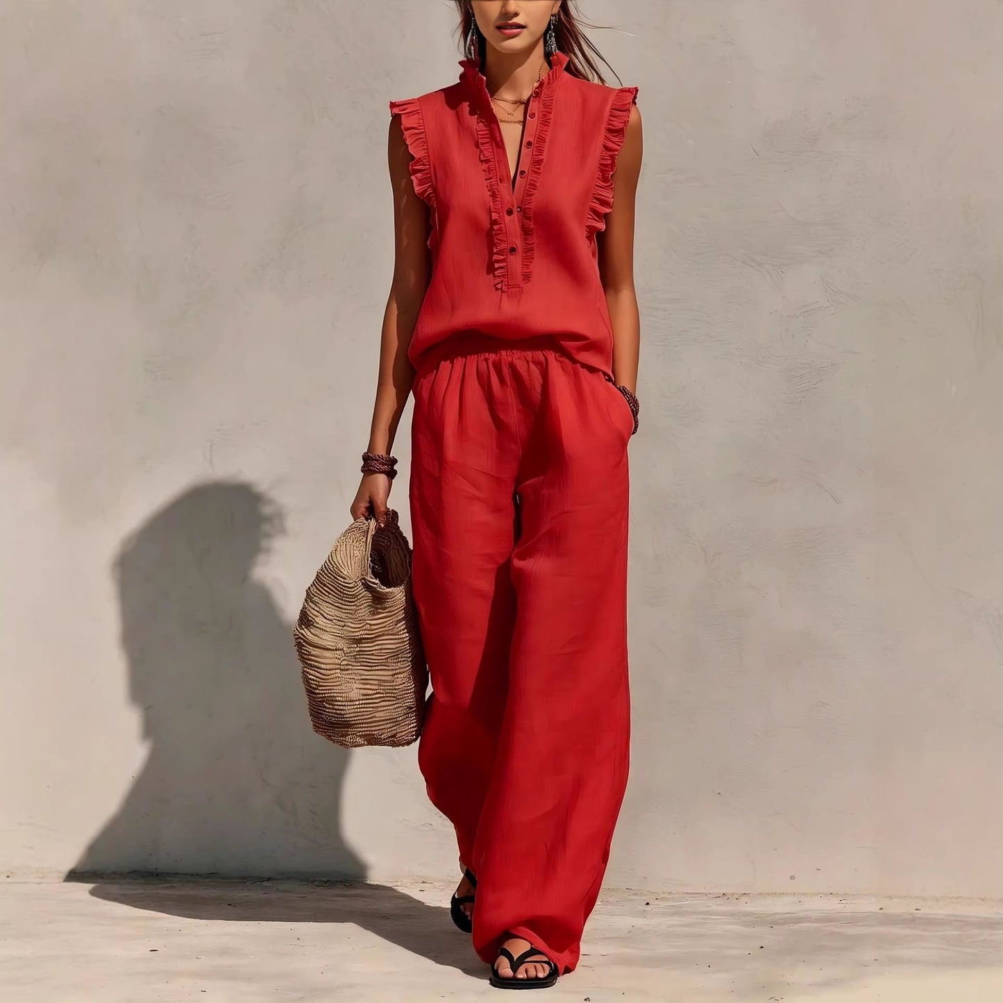 Sleeveless Ruffled V-neck Top And Elastic-waist Wide-leg Pants 