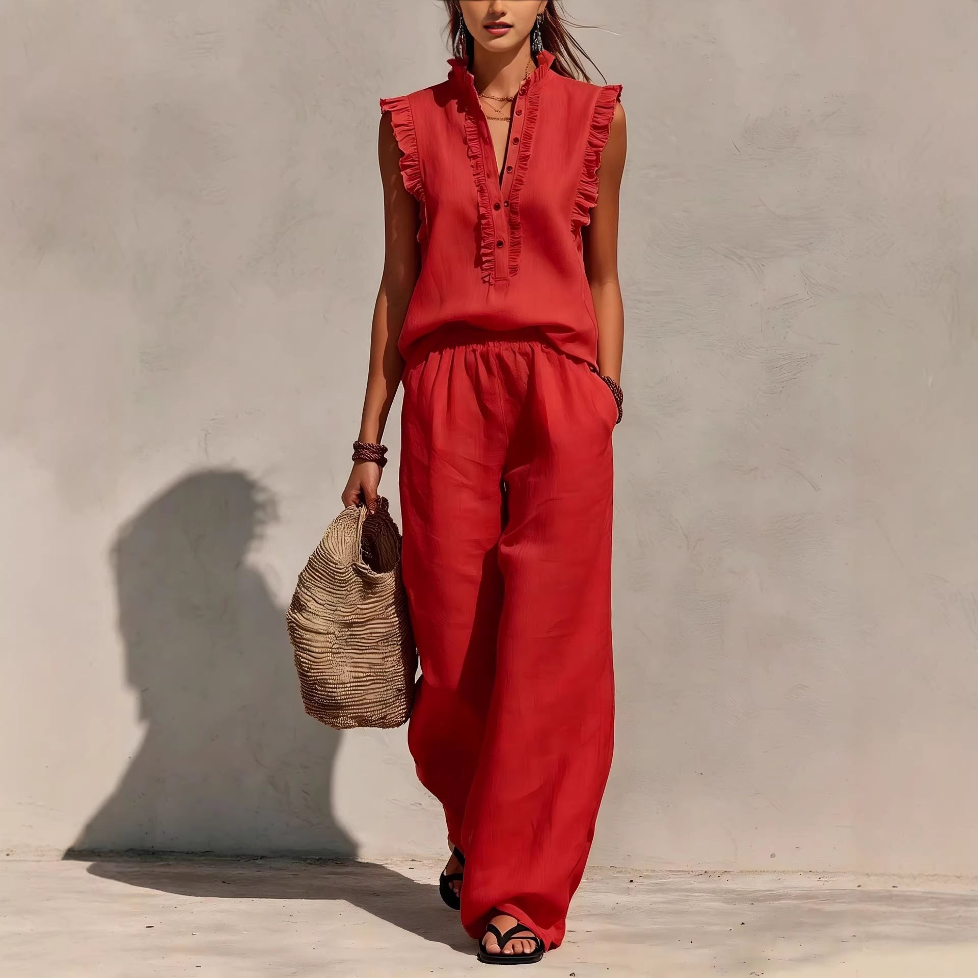 Sleeveless Ruffled V-neck Top And Elastic-waist Wide-leg Pants 