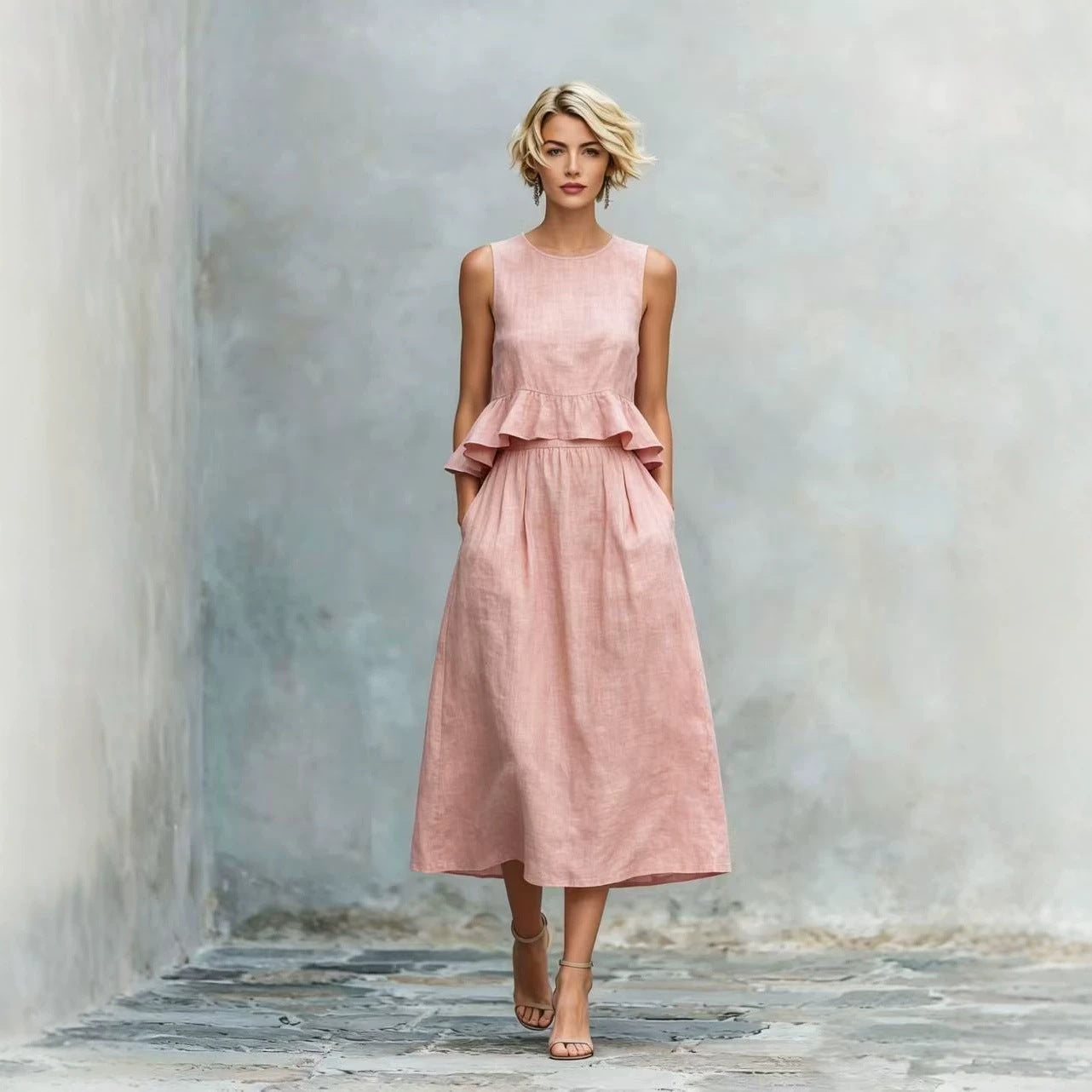 Sleeveless Crew-Neck High-Waisted Ruffle-Trim Resort-Style Dress 