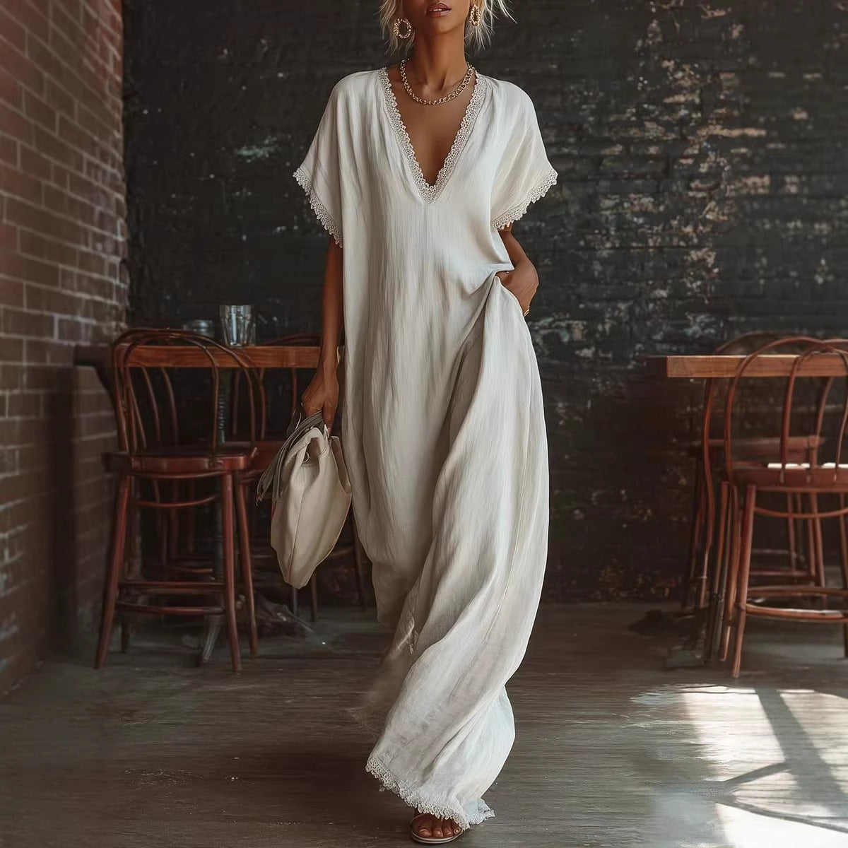 European And American Style Casual Elegant Comfortable Lace-trimmed Loose Linen Cotton Long Dress 