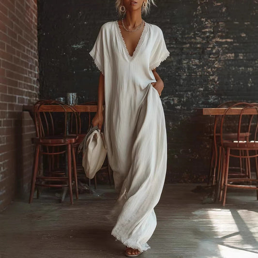 European And American Style Casual Elegant Comfortable Lace-trimmed Loose Linen Cotton Long Dress 