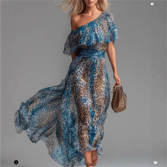 Blue-toned Leopard-print Chiffon Off-shoulder Dress For Women 