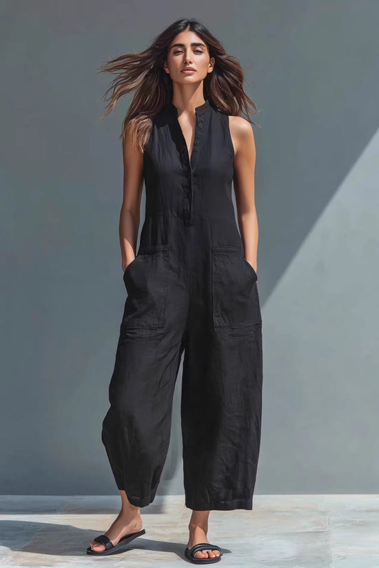 Casual Womens Buttoned Stand Collar Sleeveless Loose Jumpsuit 
