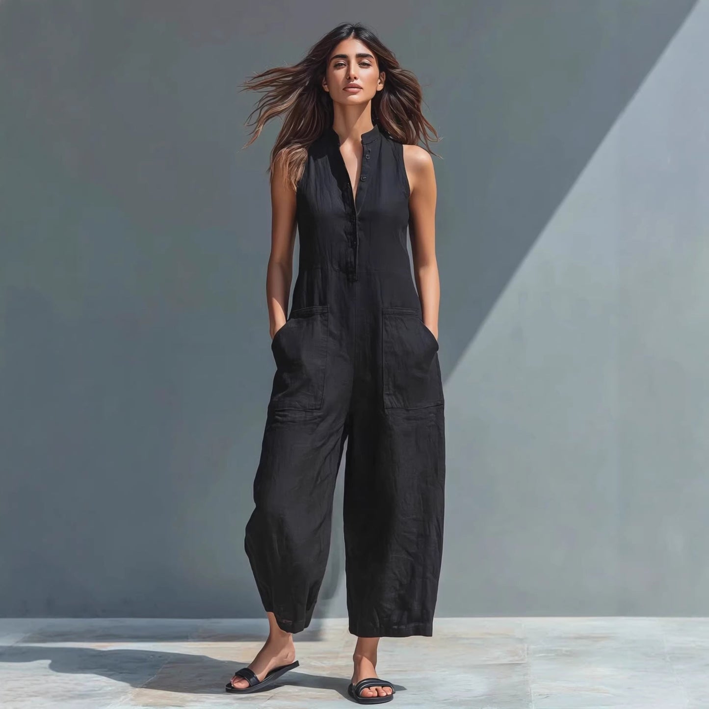Casual Womens Buttoned Stand Collar Sleeveless Loose Jumpsuit 