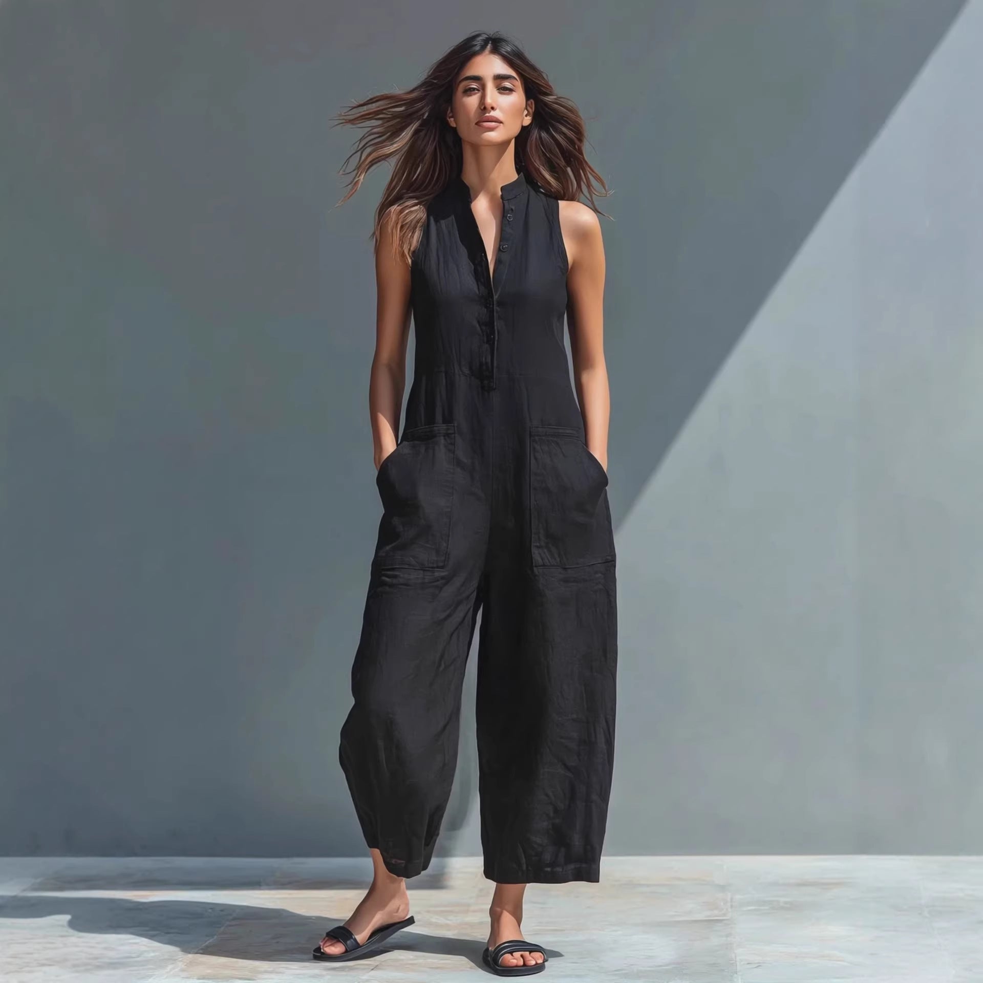 Casual Womens Buttoned Stand Collar Sleeveless Loose Jumpsuit 