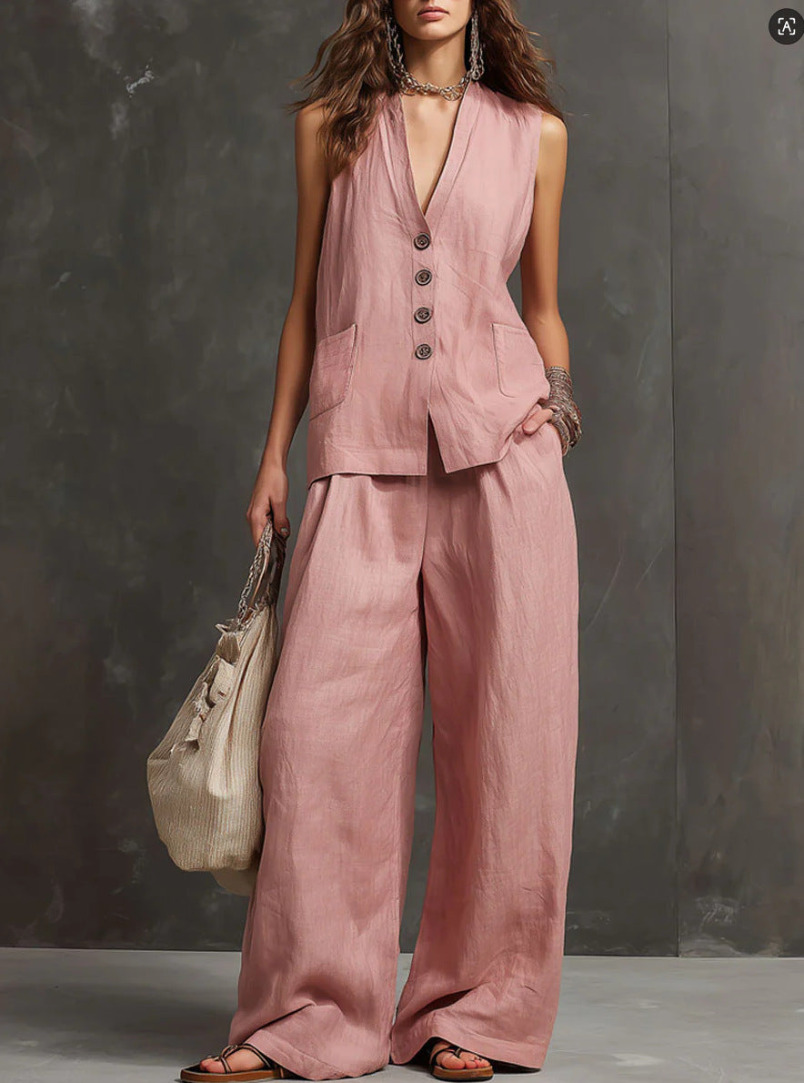 Women's Linen 2-Piece Outfit, Sleeveless Vest & Wide Leg Pants Set 