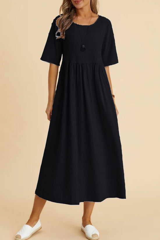 Plus Size Loose Cotton Linen Dress, Round Neck  Sleeve Midi Dress With Pockets 