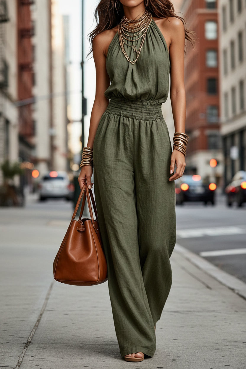 Womens Sleeveless Backless Cinched Waist Lace-up Halter Wide-leg Jumpsuit 