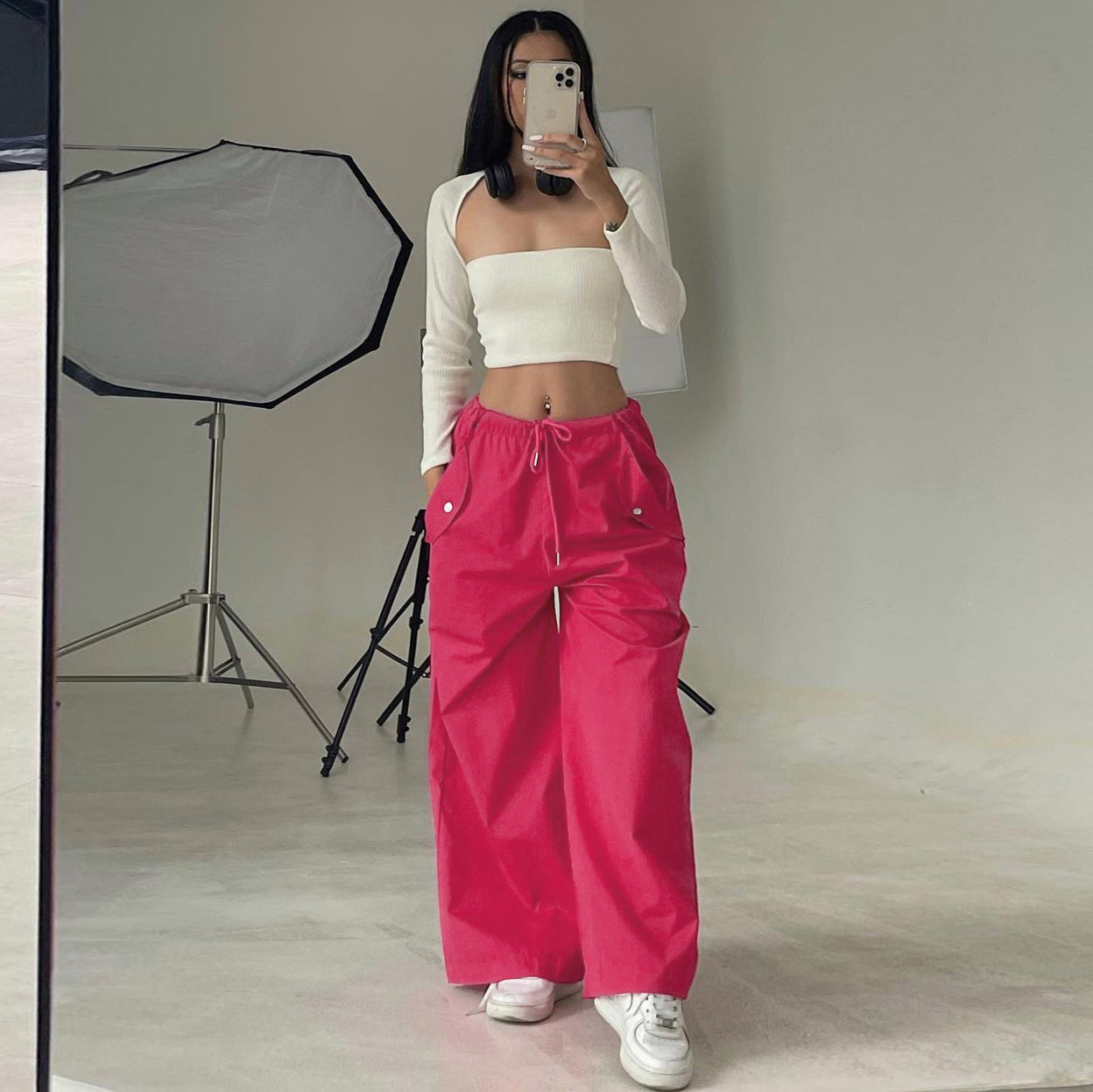 Solid-color Lace-up Loose-fitting Straight-leg Work Pants 