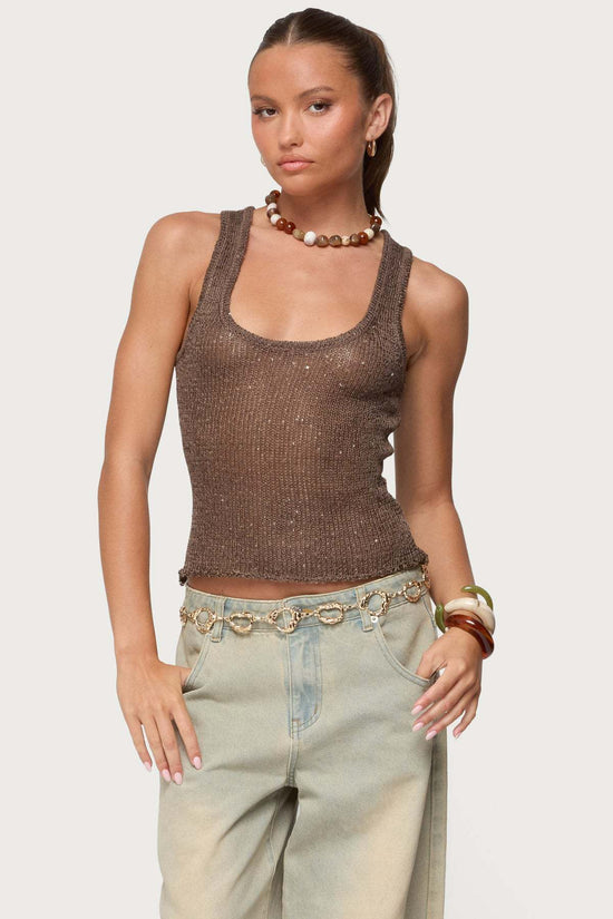 Shiny Deep V Solid Color Tank Top Fashionable Sexy Sheer Top 