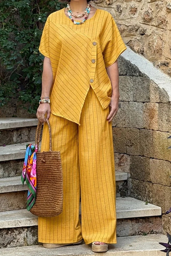 Striped Short-sleeve Shirt And Loose-fitting Pants Two-piece Set 