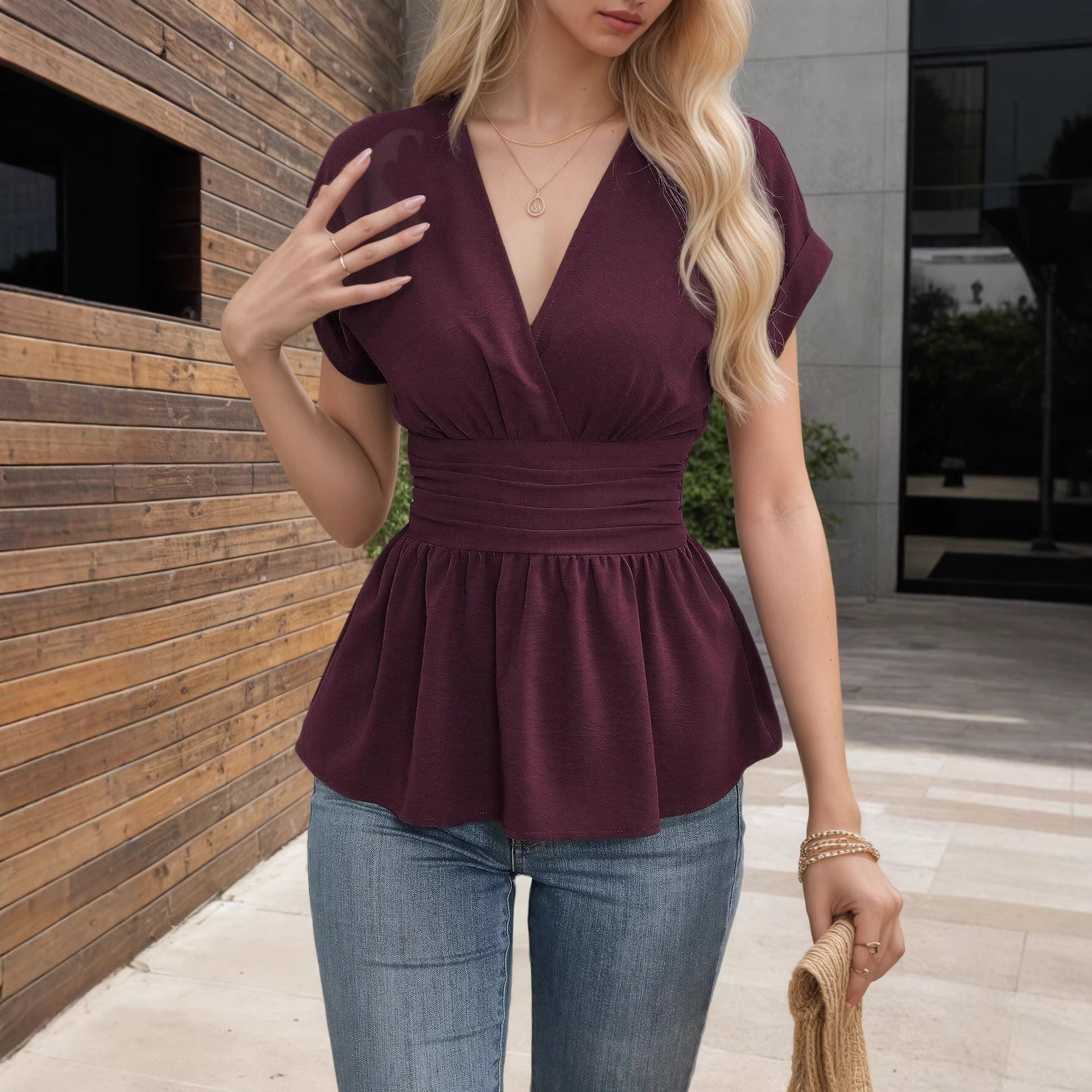 Solid Color V-Neck Fitted Waist Raglan Sleeve Pleated Hem T-Shirt Dress for Women 