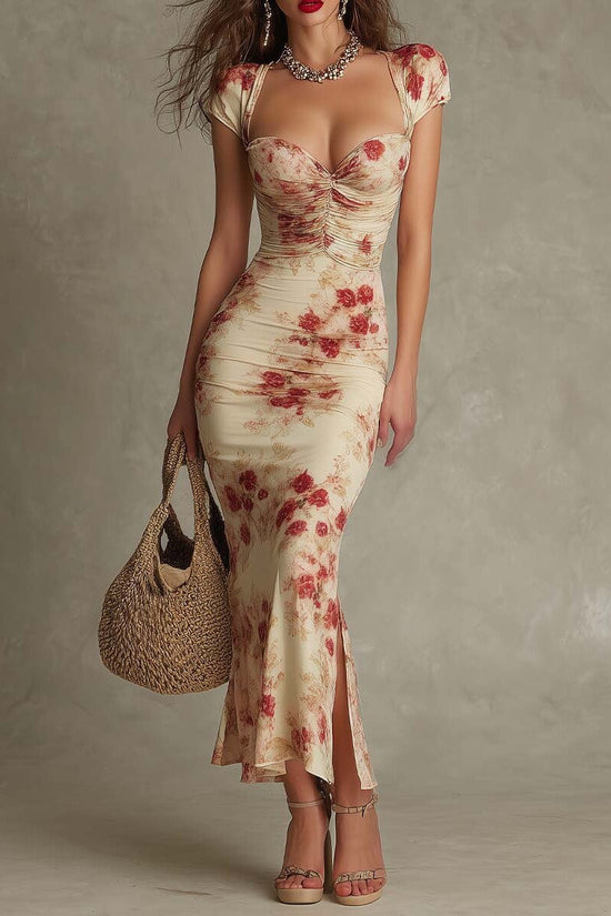 Vintage Printed Fitted Dress Elegant Slim Fit Bodycon Long Dress Evening Gown 