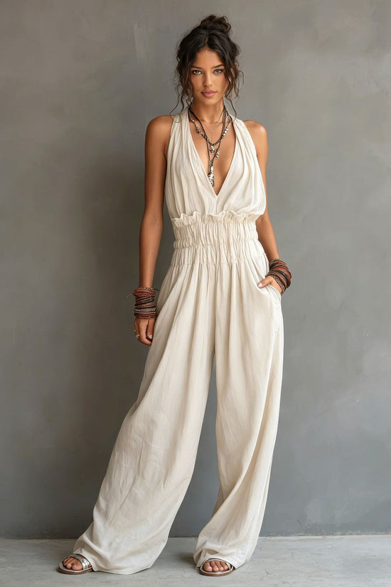 Strap-style V-neck Sleeveless Waist-cinching One-piece Suit 