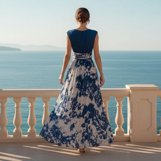 Elegant Long Sleeveless V-Neck Blue and White Porcelain Print Dress Summer Formal Dress 