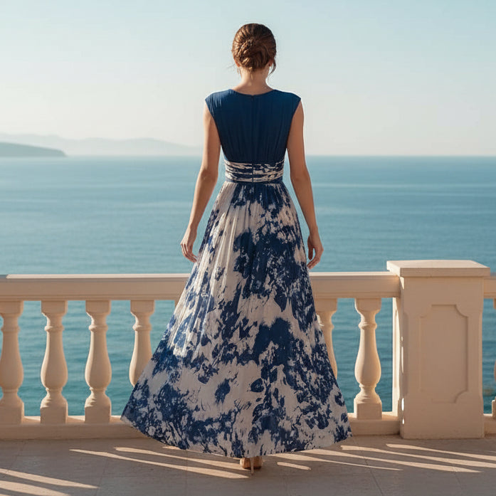 Elegant Long Sleeveless V-Neck Blue and White Porcelain Print Dress Summer Formal Dress 
