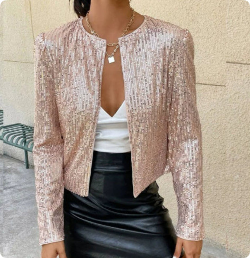 Women's Fashion Colorblock Sequin Short Casual Jacket 