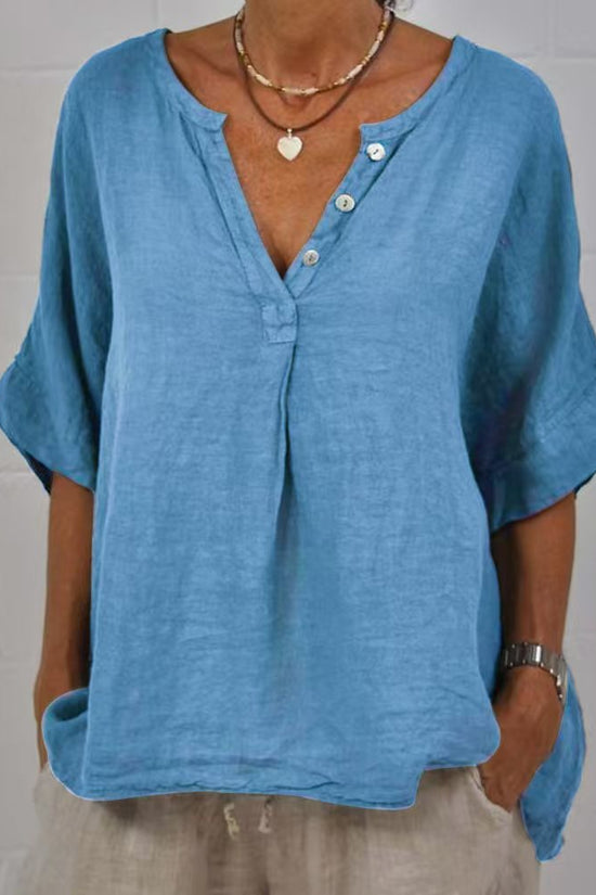 Cotton-linen Solid-color Door-cuff V-neck Button-up Shirt 