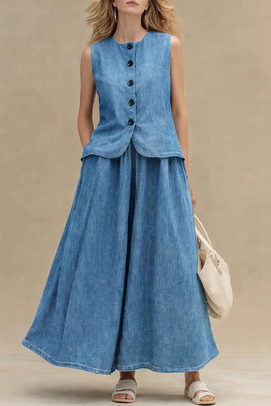 Womens Crew-Neck Denim Top And High-Waist A-Line Skirt Denim Set 