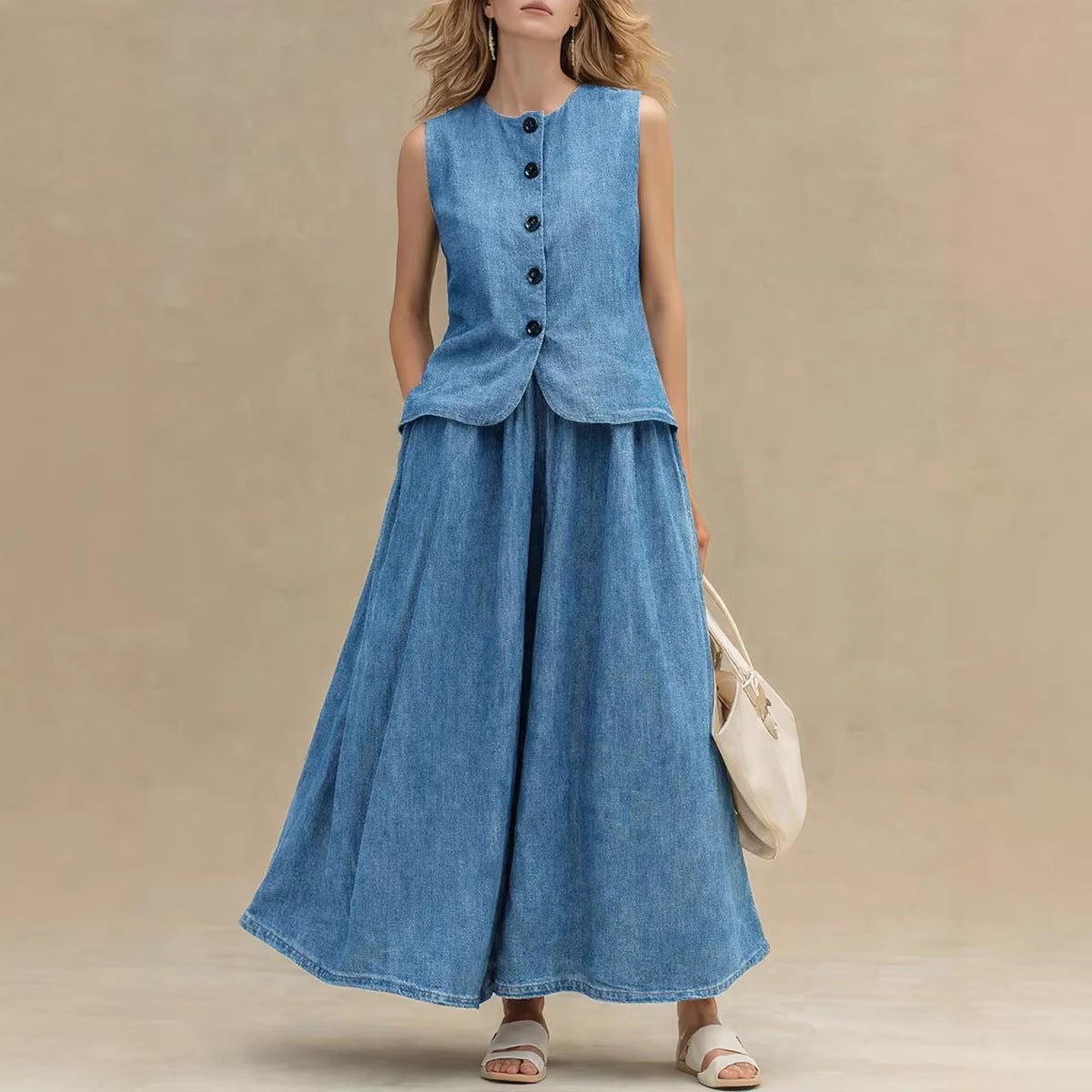 Womens Crew-Neck Denim Top And High-Waist A-Line Skirt Denim Set 