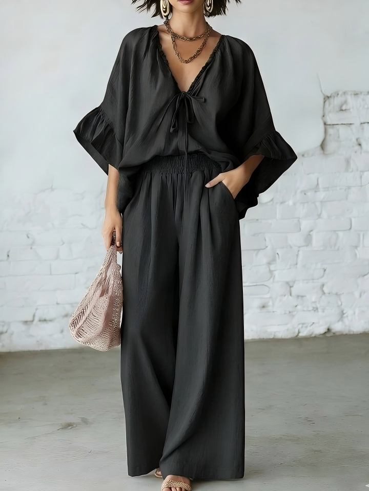 Loose-fit Cotton-linen V-neck Wide-leg Pants Two-piece Set 
