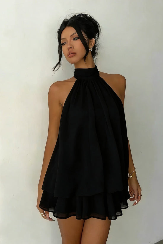 Women's vacation fitted sexy backless halter neck tie-waist dress with puffy short skirt 
