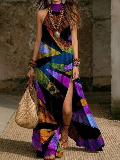 Loose-fit Printed Halterneck Split Dress 