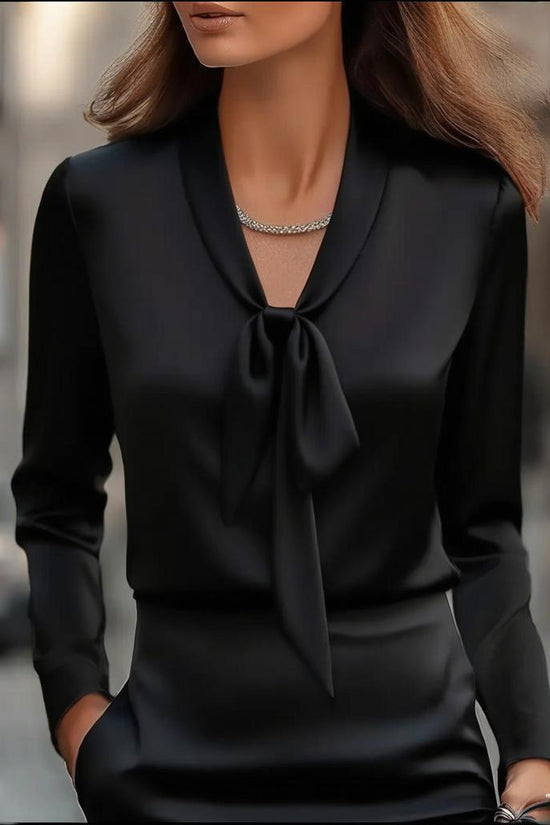 Elegant Satin Ribbon Blouse — Long Sleeve Button-Down Work Shirt CJ US