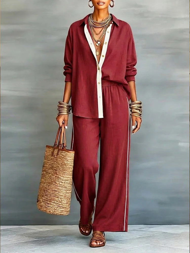 Contrast-color Casual Solid-color Loose Pants Two-piece Set 