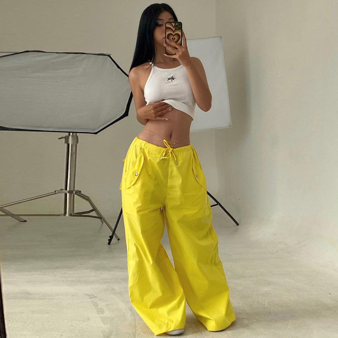 Solid-color Lace-up Loose-fitting Straight-leg Work Pants 