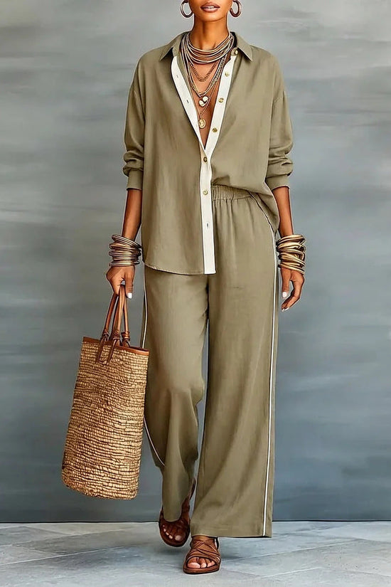 Contrast-color Casual Solid-color Loose Pants Two-piece Set 