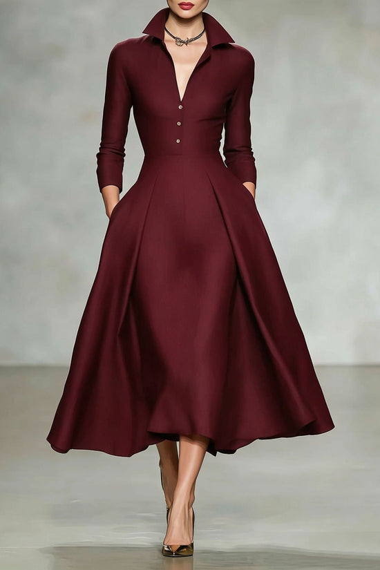 V-neck waist cinched long sleeved dress 