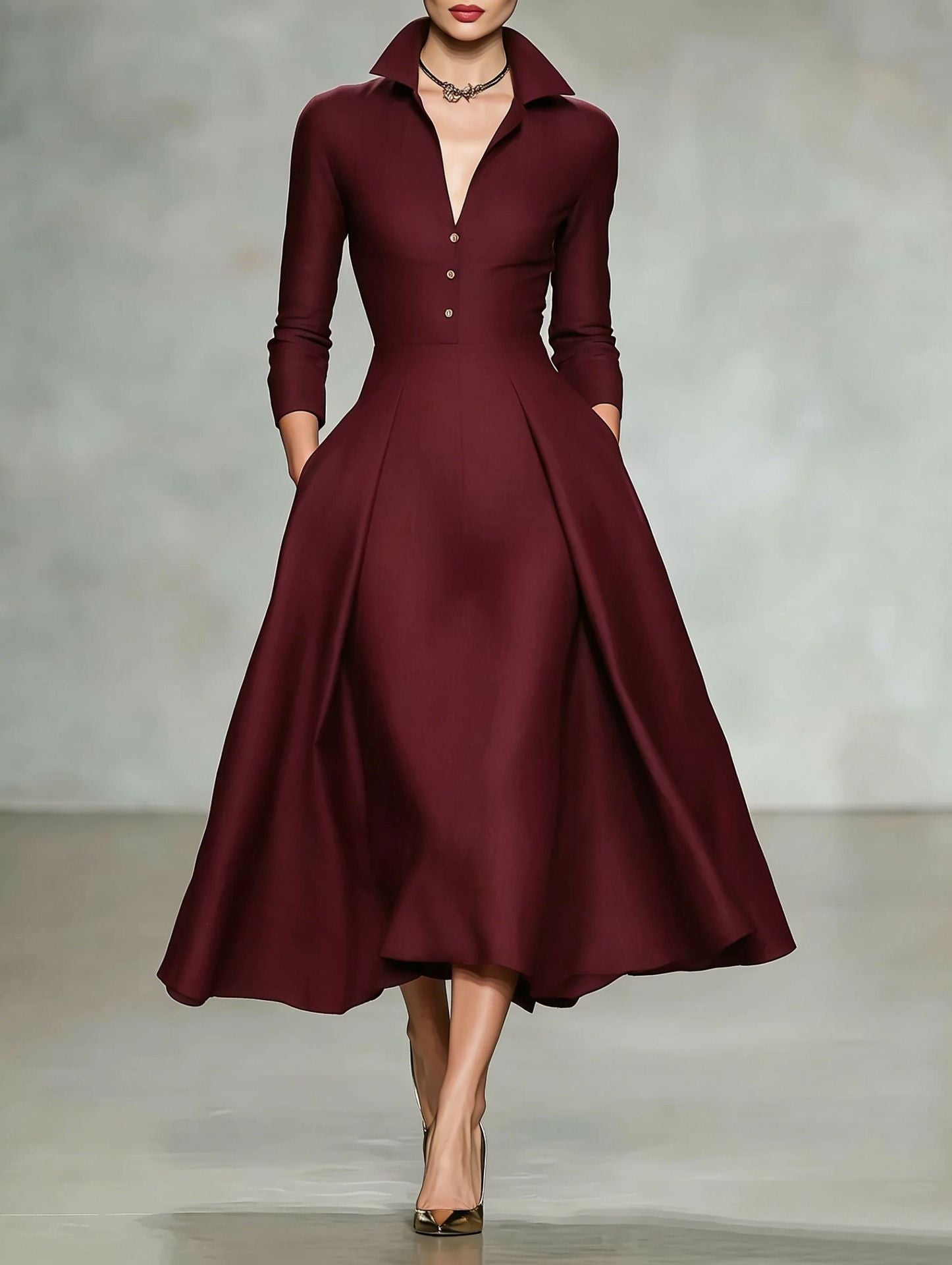 V-neck waist cinched long sleeved dress 