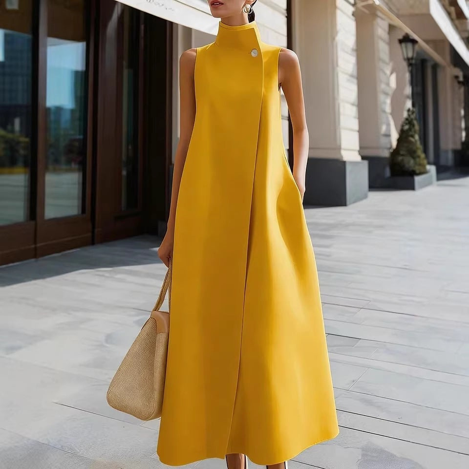 Elegant Sleeveless Long Dress with Stand Collar and Single Button Office Wear, Casual Fashion 