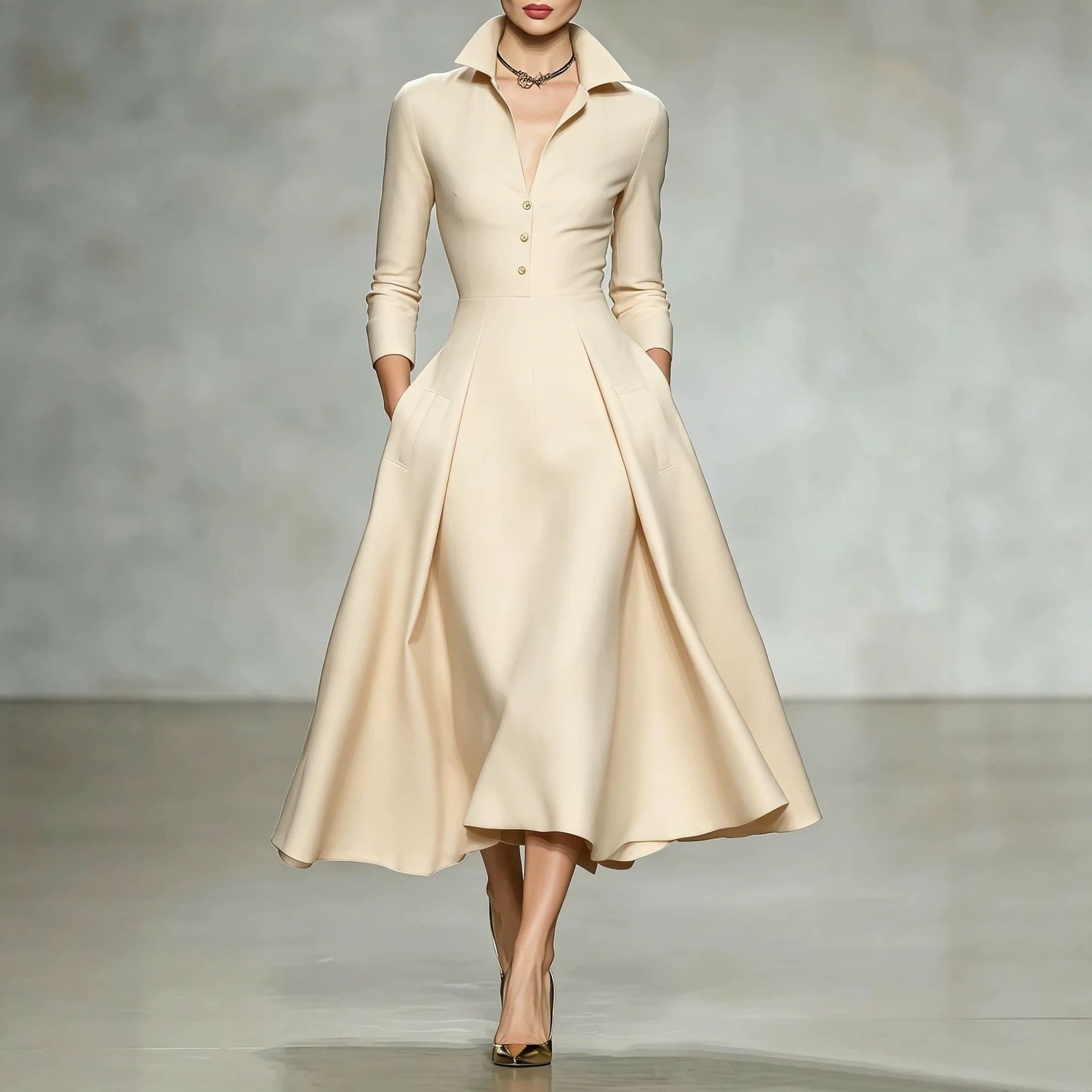 V-neck waist cinched long sleeved dress 