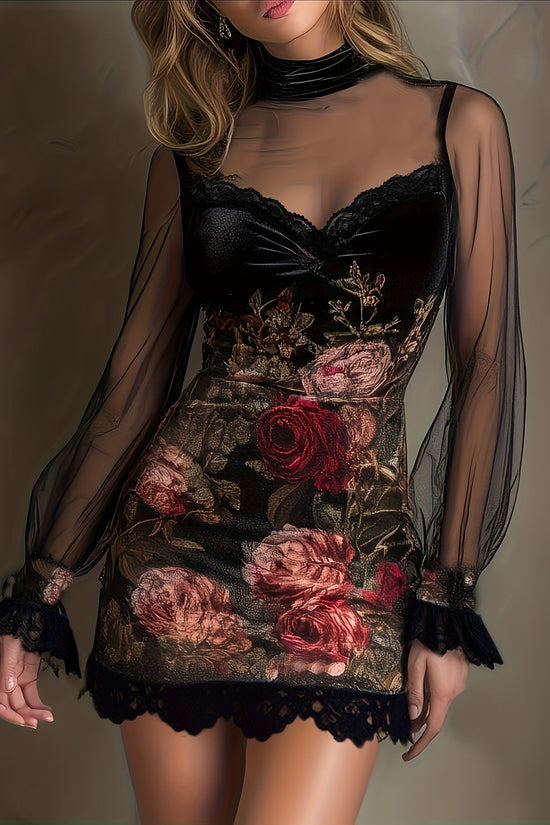 Sexy Lace Trim Patchwork Dress with Elegant Printed Tulle Design Fitted Mini Dress 