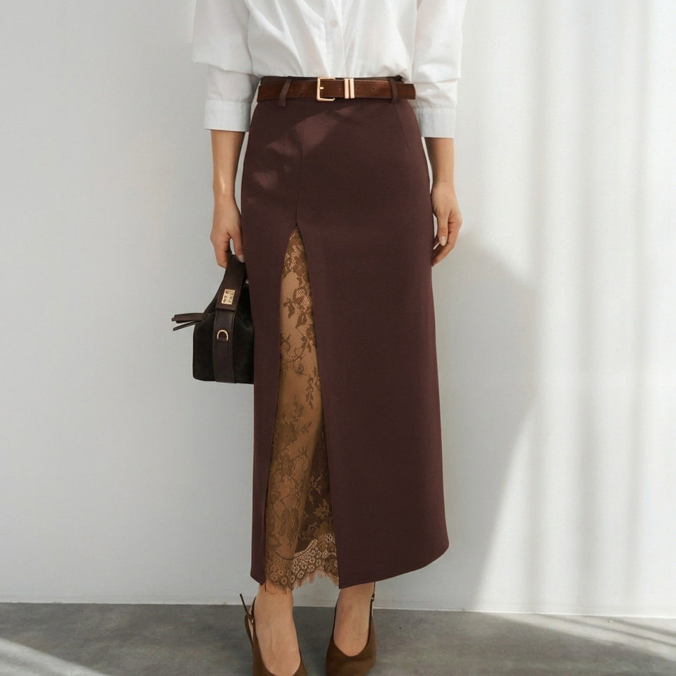 Side slit lace patchwork skirt 