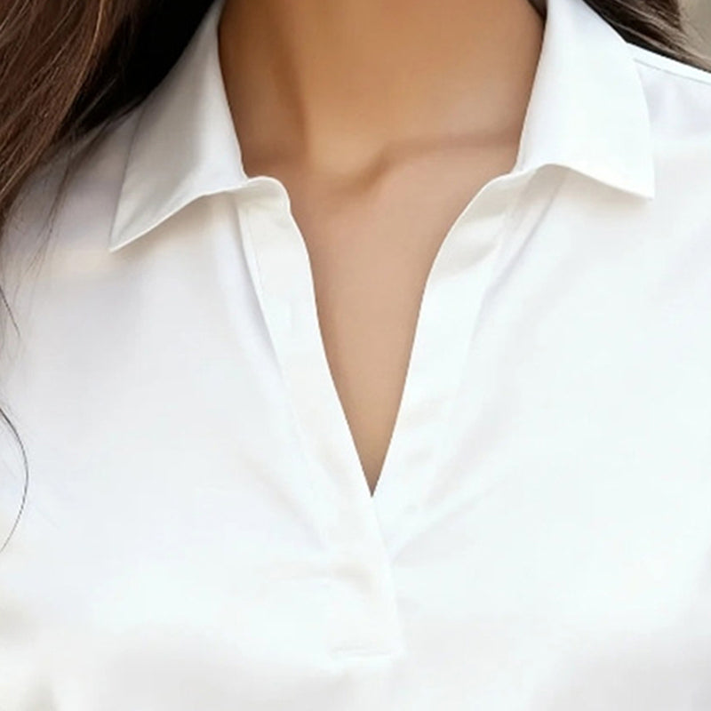 Women's Elegant Long Sleeve V-Neck Solid Color Relaxed Fit Solid Shirt, Business Casual Office Blouse For Fall 