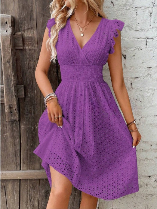 Waisted V-Neck Lace Midi Dress 