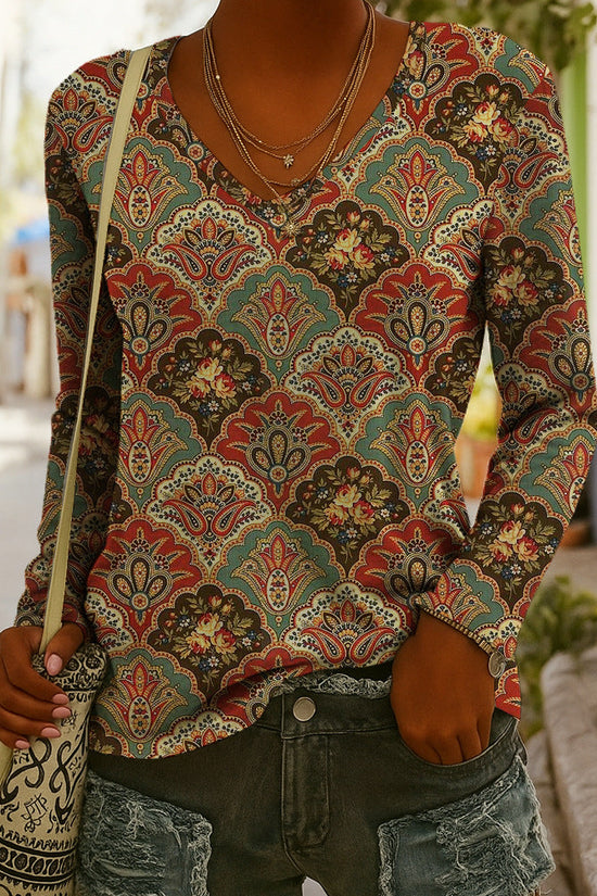 Fashionable Ethnic-Style Printed V-Neck Long-Sleeve T-Shirt 