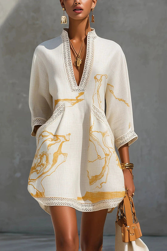 Printed lace trimmed seven quarter sleeved cotton linen short dress 