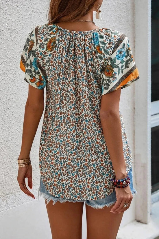 Printed Tie Neck Short Sleeve Blouse 
