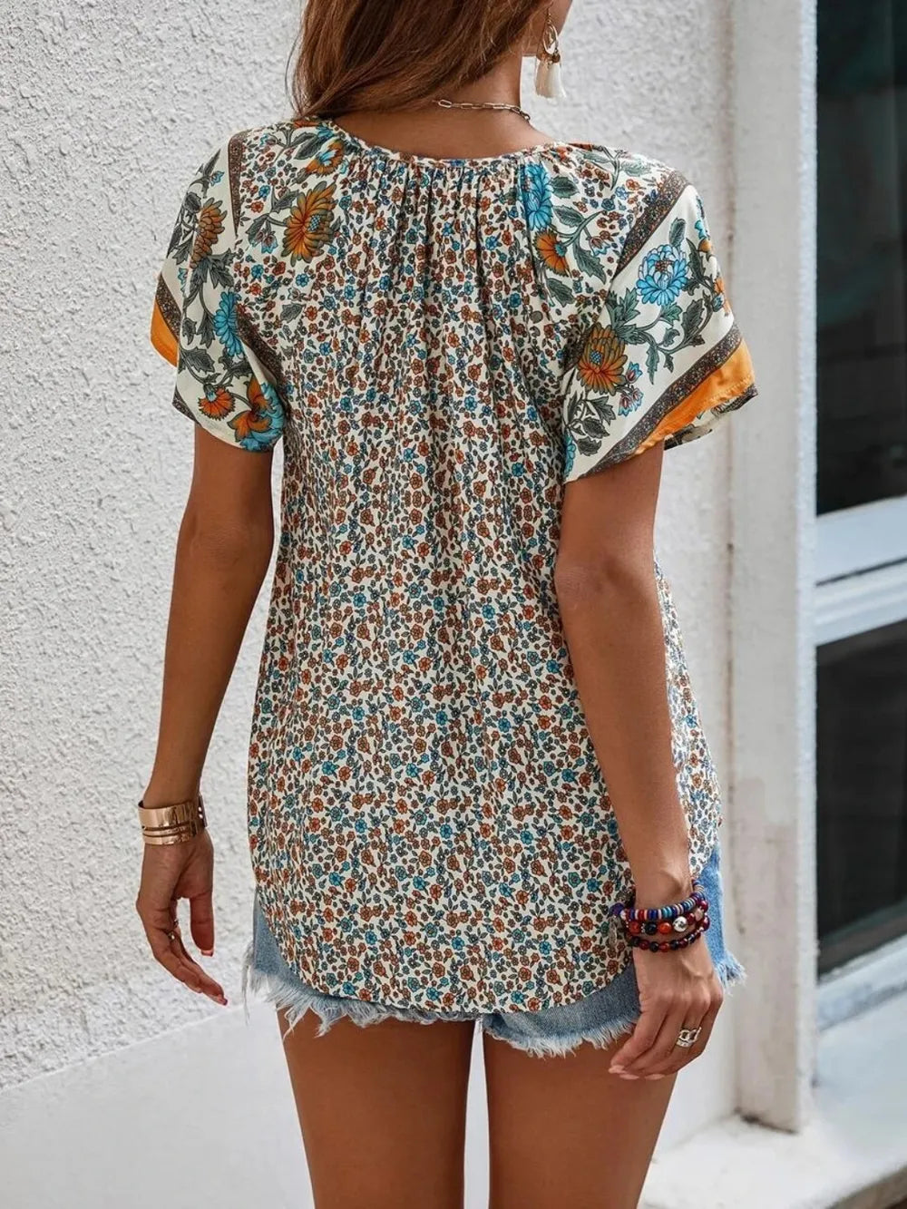 Printed Tie Neck Short Sleeve Blouse 
