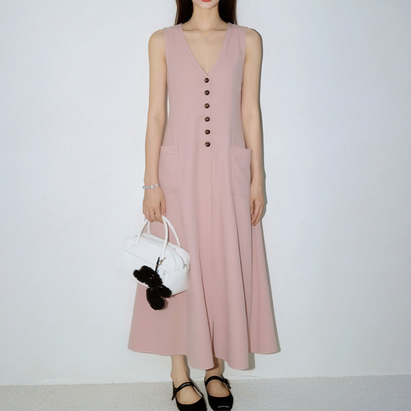 Women's Stylish & Elegant Solid-Color V-Neck Button-Up Dress 